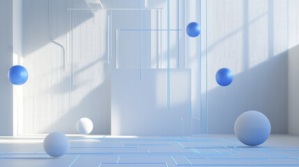 Poster - minimalist room with floating blue spheres and abstract lines creates futuristic atmosphere, enhanced by soft lighting and shadows