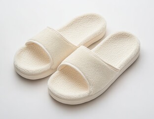 Pair of cream-colored terrycloth slippers on white background