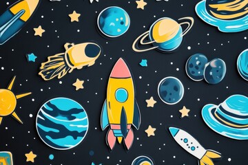 Poster - Colorful stickers featuring rockets, planets, and stars create a fun space themed design on a dark background. Generative AI