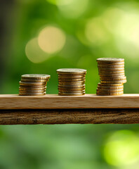 Poster - Stacks of gold coins arranged incrementally on a wooden ledge, symbolizing wealth, savings, and financial growth against a blurred green background