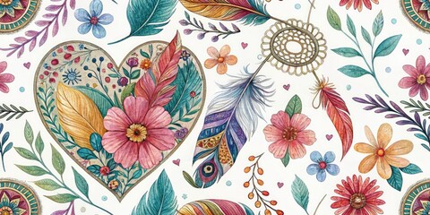  Bohemian Festival Watercolor Heart Panoramic Background - Vibrant Floral Design
