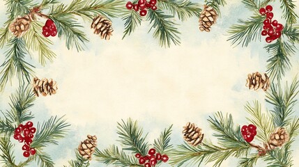 Wall Mural - Elegant watercolor winter border featuring pine branches berries cones soft light. AI Generated