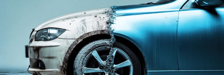 Poster - Comparison of a scratched and dirty car alongside a shiny polished vehicle highlighting maintenance importance. Generative AI