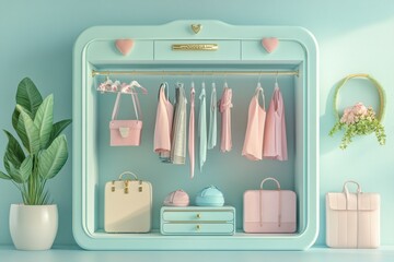 Poster - A stylish pastel-themed closet display featuring clothing, handbags, and decorative elements, set against a light blue background.