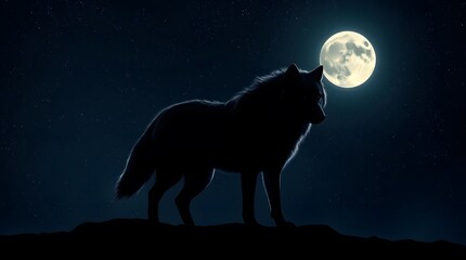  Wolf Silhouette Under a Bright Full Moon on a Starry Night