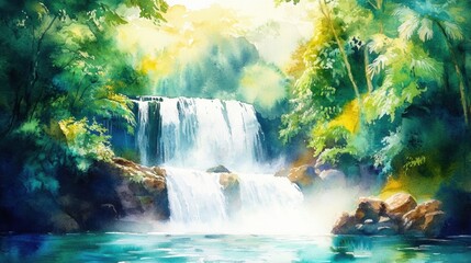 Poster - Tranquil waterfall cascades over rocks within lush greenery at sunrise enhancing the serene landscape. Generative AI