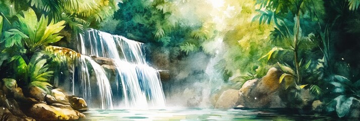 Aufkleber - Serene waterfall cascading into a tranquil pool surrounded by lush tropical foliage during daytime. Generative AI