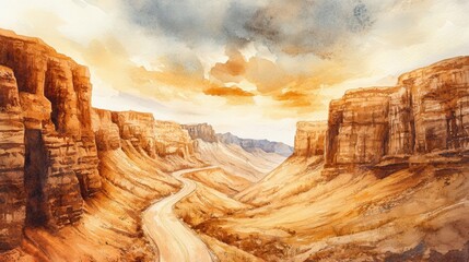 Fototapete - Serene desert landscape with winding road amidst majestic rock formations at sunset. Generative AI
