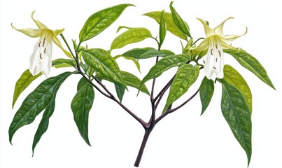 Wall Mural - A vibrant branch of a flowering plant showcasing delicate white blossoms and lush green leaves