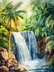 Poster - Waterfall cascading down rocks surrounded by lush greenery in a tropical setting. Generative AI