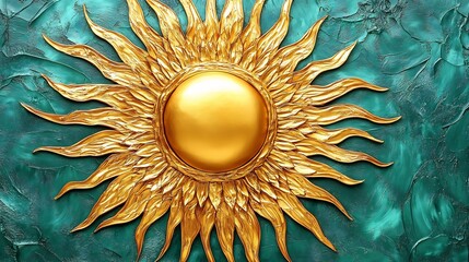 Wall Mural - Golden Sunburst Teal Background Artistic Wall Decor. AI Generated