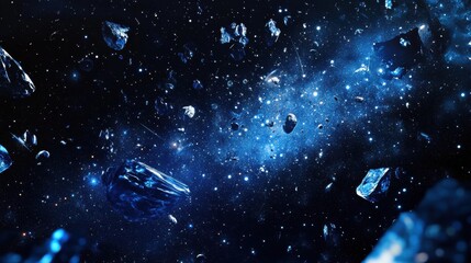 Poster - Colorful cosmic scene with bright blue asteroids floating in a starry galaxy filled with sparkling particles. Generative AI