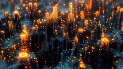 Canvas Print - Intense orange glows illuminate a dark abstract landscape of towering digital structures. AI Generated