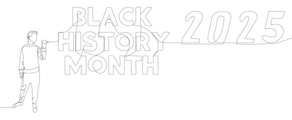 Poster - One continuous line of Man pointing with finger at Black History Month 2025. Thin Line Illustration vector concept. Contour Drawing Creative ideas.