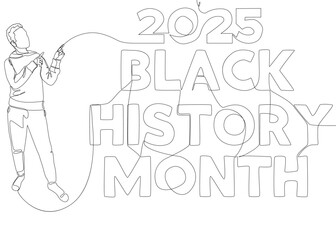 Poster - One continuous line of Man pointing with finger at Black History Month 2025. Thin Line Illustration vector concept. Contour Drawing Creative ideas.