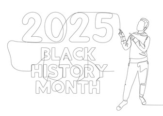 Poster - One continuous line of Man pointing with finger at Black History Month 2025. Thin Line Illustration vector concept. Contour Drawing Creative ideas.