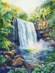 Sticker - Vibrant waterfall cascading into serene pool surrounded by lush greenery in tropical landscape. Generative AI