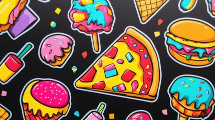 Aufkleber - Colorful playful food stickers featuring various delicious treats on a black background. Generative AI