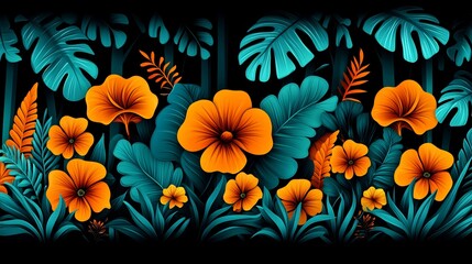 Wall Mural - Vibrant orange flowers bloom darkly amidst teal tropical leaves. AI Generated