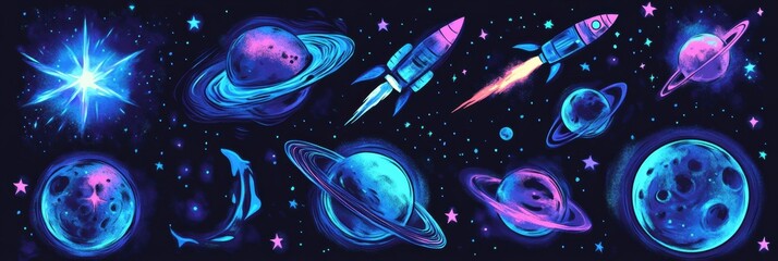Poster - Colorful space themed stickers featuring planets stars and rockets for creative projects or decorations. Generative AI