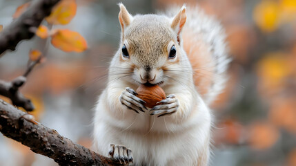 Wall Mural - Squirrel eating nut on autumn branch, blurred leaves background, nature wildlife image