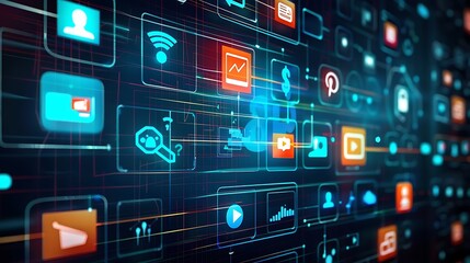 Fototapete - Abstract digital network depicting interconnected applications and social media platforms. A visual representation of the online world.