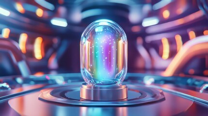 Poster - Futuristic Glass Capsule with Colorful Light Inside in Sci-Fi Setting