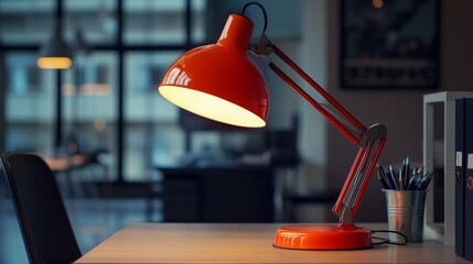 Poster - Modern Red Desk Lamp Illuminating Workspace in Bright Office Setting