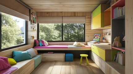 Wall Mural - Bright, minimalist kids' bedroom with colorful decor and natural lighting