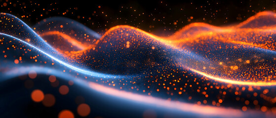 Aufkleber - A vibrant, abstract representation of flowing waves illuminated with blue and orange particles against a dark background.