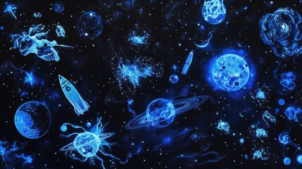 Poster - Colorful collection of space themed stickers featuring planets, rockets, and galaxies on a dark background. Generative AI