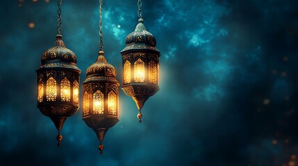 Canvas Print - Three illuminated ornate lanterns hanging against a dark blue, smoky sky.