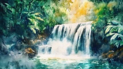 Poster - Breathtaking waterfall cascading through lush green rainforest during the golden hour near a serene pool. Generative AI
