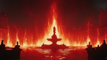 Wall Mural - Fiery fountain dramatically illuminates night city intense red hues. AI Generated