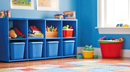 Wall Mural - Color-coded storage cubes in a tidy children's playroom