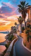 Serene Coastal Pathway with Palm Trees at Sunset in Mediterranean Resort