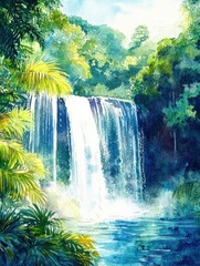 Poster - Waterfall surrounded by lush greenery in a vibrant natural setting in daylight. Generative AI