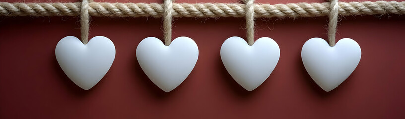 Poster - Four hearts hang on rope, red background. Valentine's card