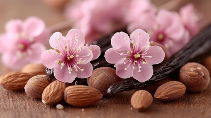 Wall Mural - Pink blossoms, almonds, and vanilla pods on a wooden surface