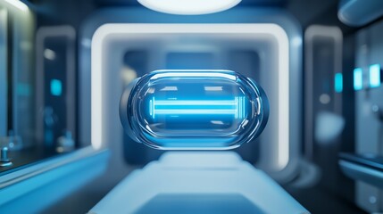 Poster - Futuristic Transparent Capsule with Blue Lights in Sci-Fi Interior