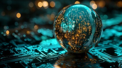 Poster - Glass Sphere Reflecting Circuit Board with Glowing Lights