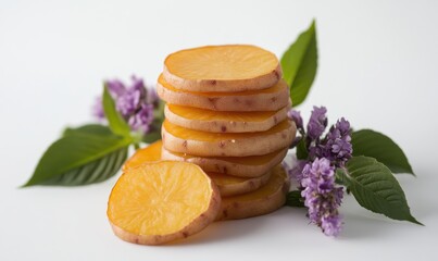 Wall Mural - Stacked slices of orange fruit surrounded by green leaves and purple flowers on a white background