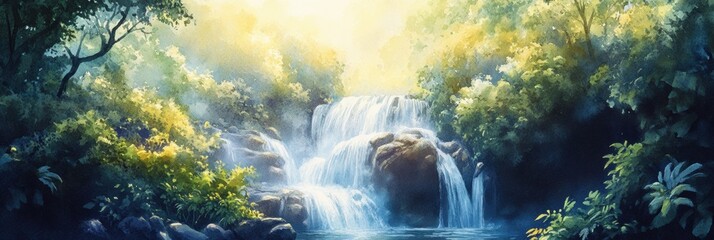 Poster - Majestic waterfall cascading through lush forest in bright sunlight at midday. Generative AI