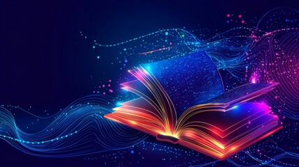 Poster - Abstract smart learning technology background with dynamic waves and digital books, no people, copy space.