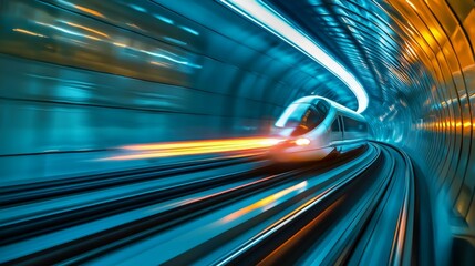 Poster - High-Speed Train Motion in Futuristic Tunnel with Blue Lights