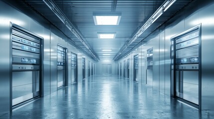 Poster - Futuristic Data Center Corridor with Metallic Walls and Doors