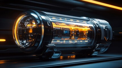 Poster - Futuristic Energy Storage Device with Neon Accents in High-Tech Setting