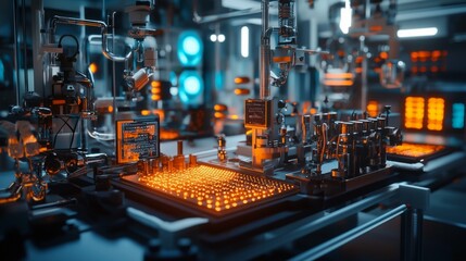 Poster - Futuristic Laboratory with High-Tech Equipment and Orange Glow