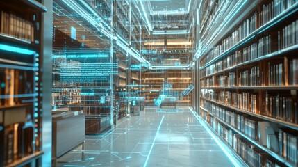 Poster - Futuristic Library with Digital Interface and Neon Accents