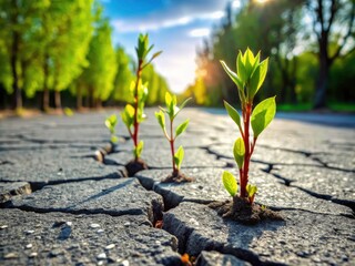 Wall Mural - Asphalt's grip loosens; defiant poplar shoots burst through, reclaiming a sliver of wildness.